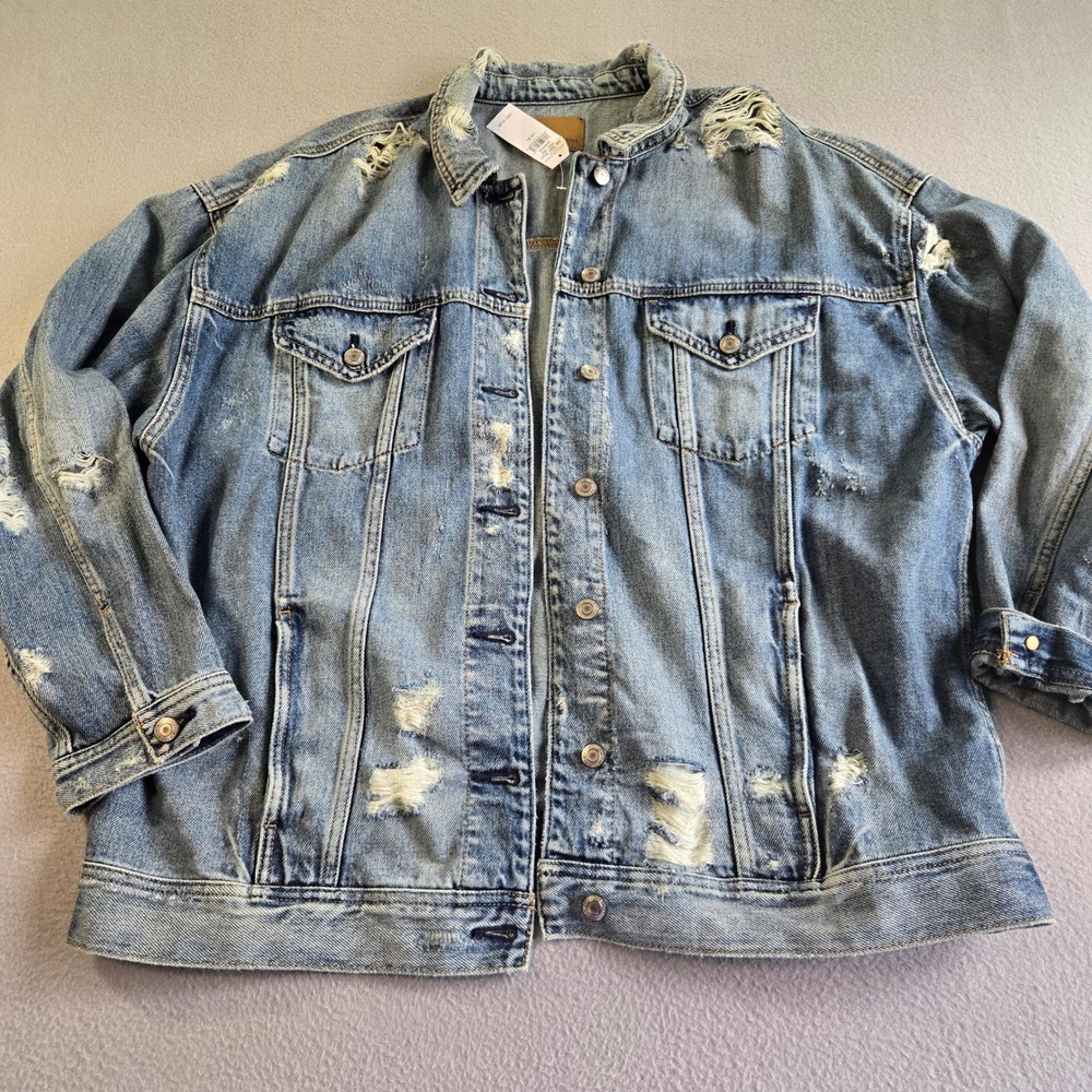 American Eagle Denim Jacket Women XL Blue Distressed Oversized Trucker 2568-400
